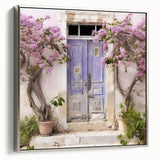 Framed canvas of a vintage poster featuring a black and colorful Greek door design, ideal for adding character to a study.