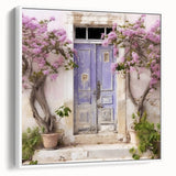 Framed canvas of vintage poster art featuring a Greek door design in black and white, ideal for living room decor.