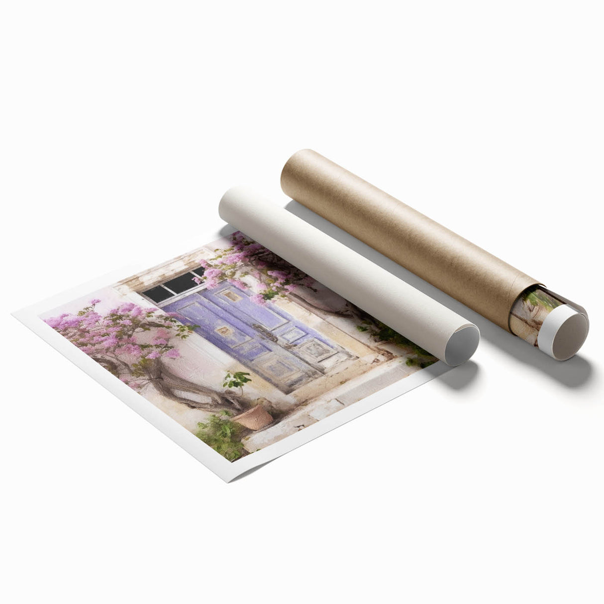 Extra large rolled print featuring a Greco-Roman door design surrounded by floral motifs in muted earth tones.