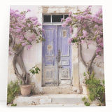 Black and white photo of a Greek door architecture on stretched canvas, suitable as large kitchen or bedroom wall art.