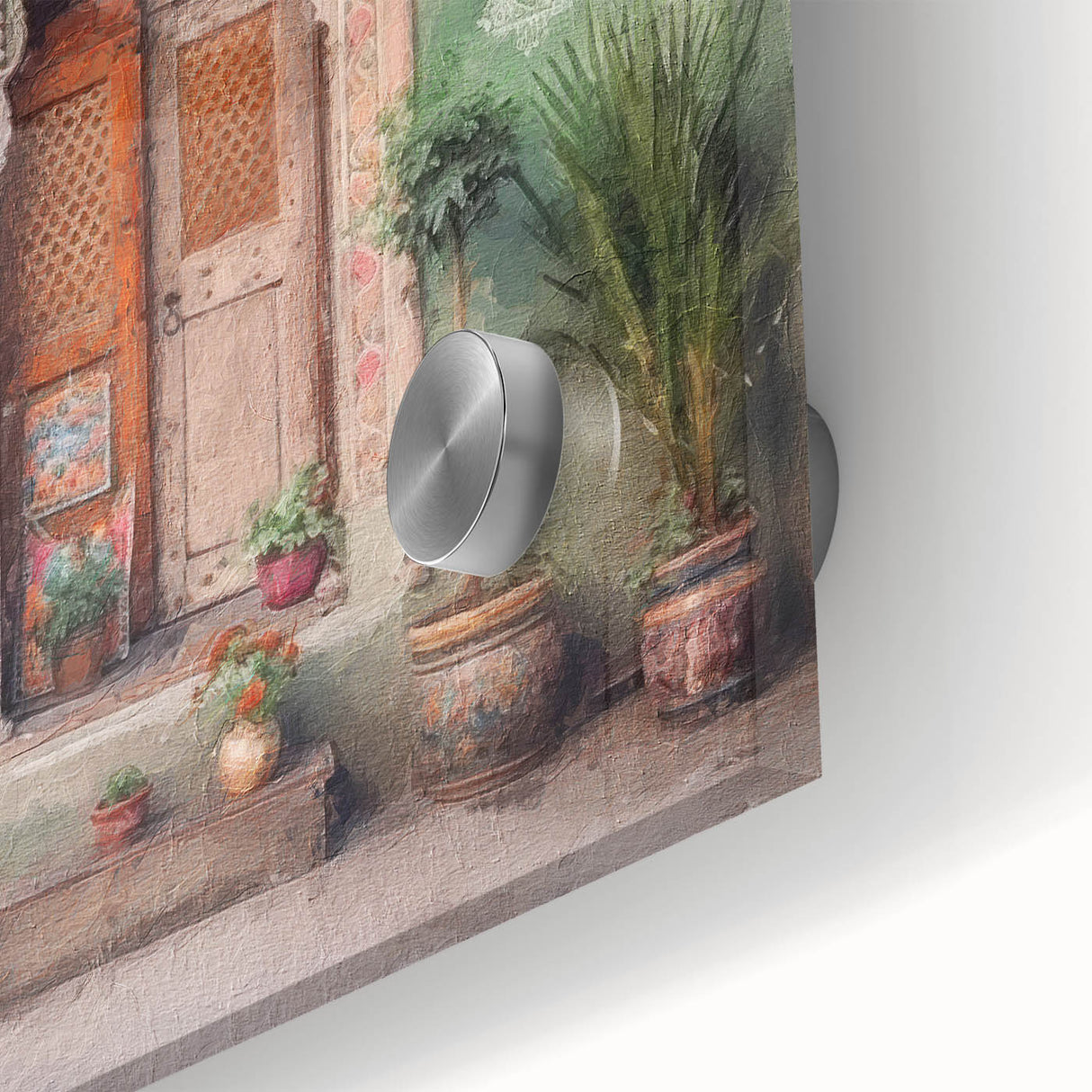 Mid-century modernist acrylic print of an abstract Indian door in earthy tones, ideal for dining room art.