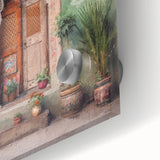 Mid-century modernist acrylic print of an abstract Indian door in earthy tones, ideal for dining room art.