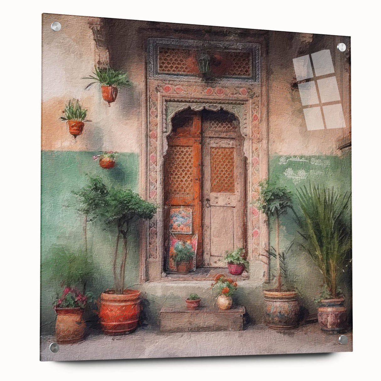 Acrylic print of an ornate Indian door in earthy tones, suitable for enhancing dining room decor.