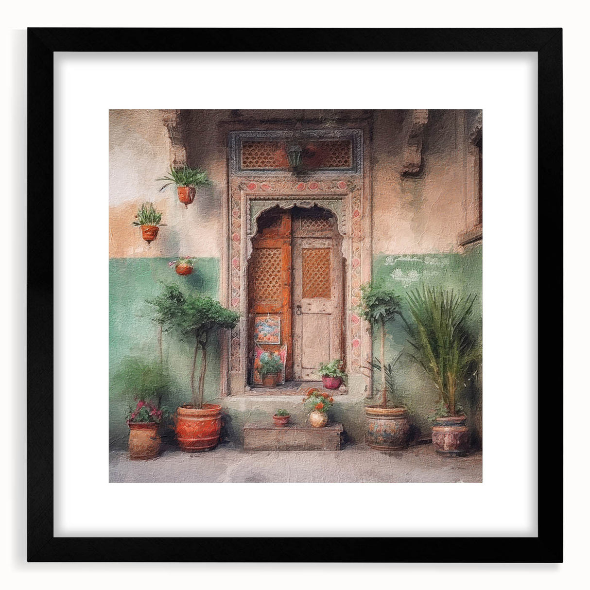 Extra large, textured abstract art print of a colorful Indian door design on a framed canvas, ideal for living room decor.