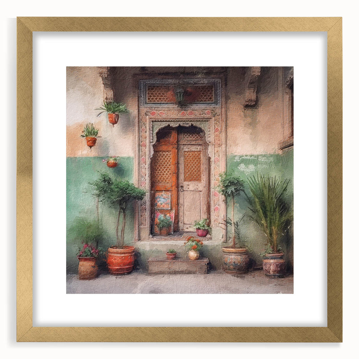 Extra large wall art depicting an abstract, textured depiction of an Indian door in gold tones, framed with a mat.