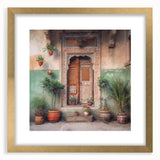 Extra large wall art depicting an abstract, textured depiction of an Indian door in gold tones, framed with a mat.