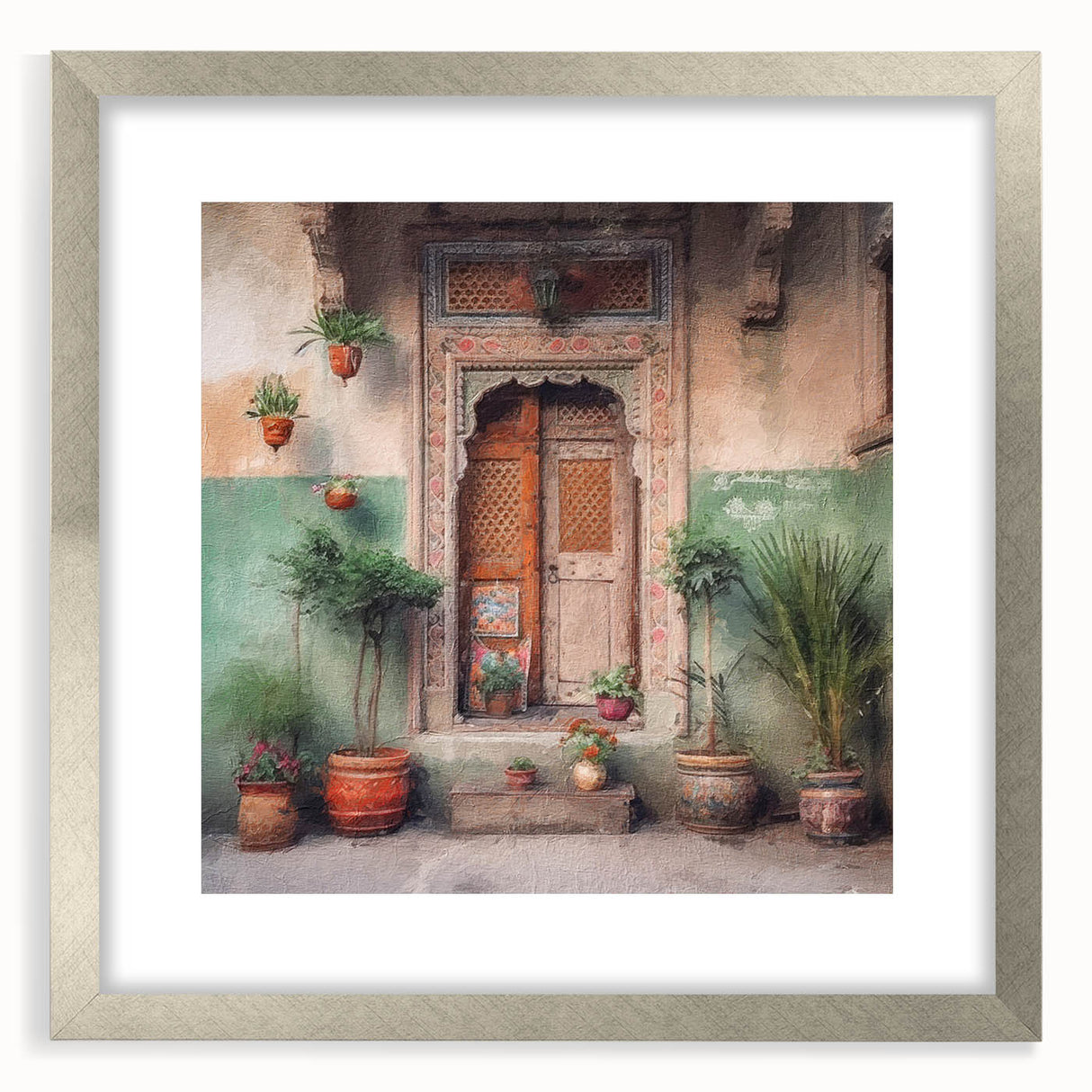 Textured abstract art print of an ornate Indian door in muted earth tones on a framed canvas, ideal for bedroom art.