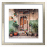 Textured abstract art print of an ornate Indian door in muted earth tones on a framed canvas, ideal for bedroom art.