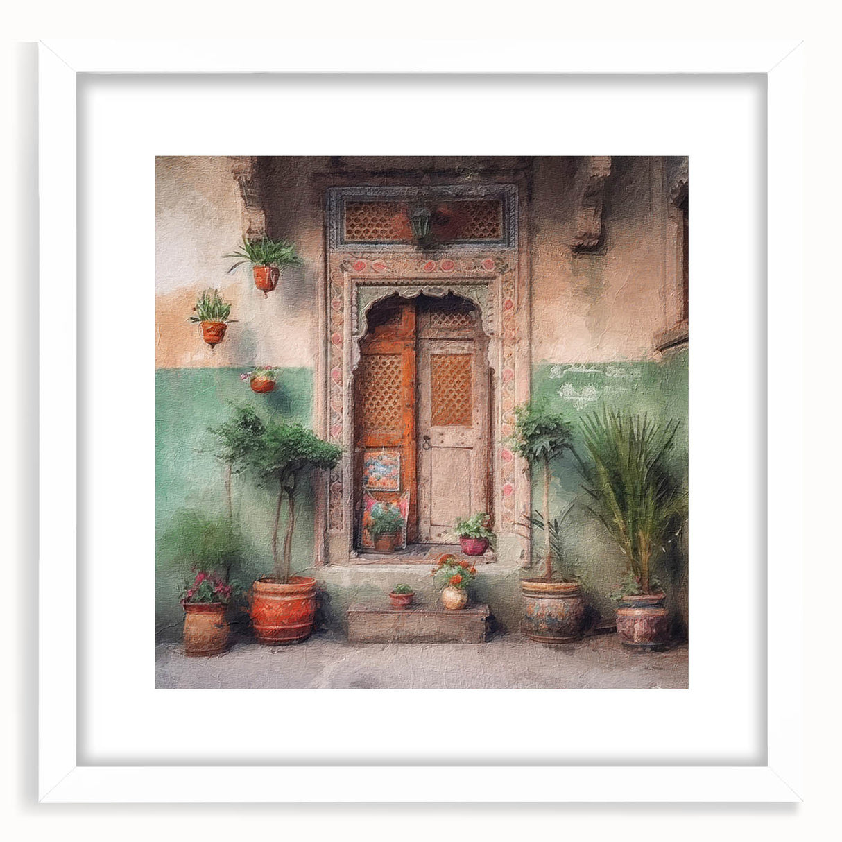 Abstract art print of an Indian door in muted earth tones on a framed white mat, suitable for dining room decor.