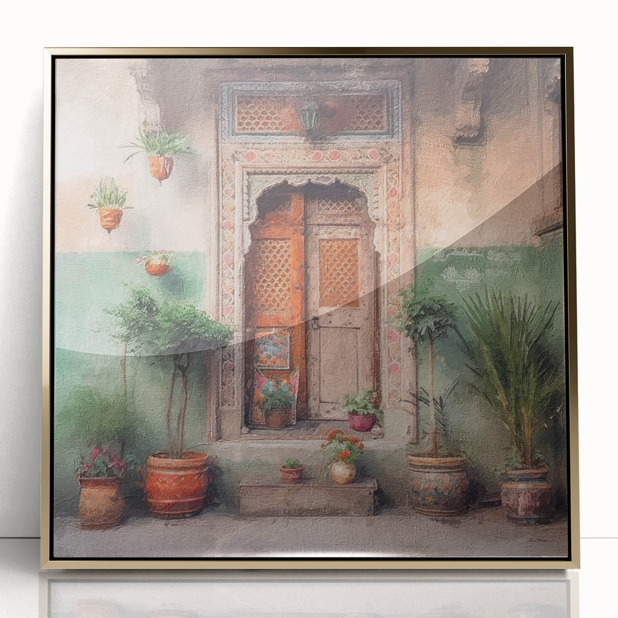 Mid-century modernist acrylic print of an ornate Indian door in gold tones, ideal for modern art wall decor.