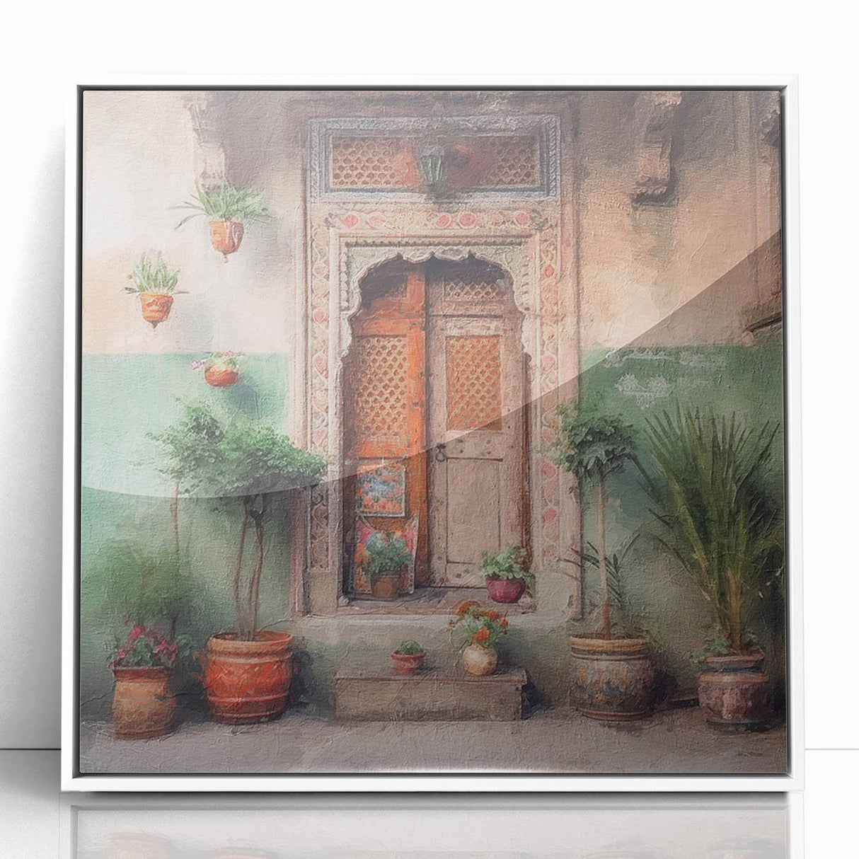 Art deco poster of an ornate Indian door in muted gold and white tones, acrylic framed, ideal for modern art wall decor.