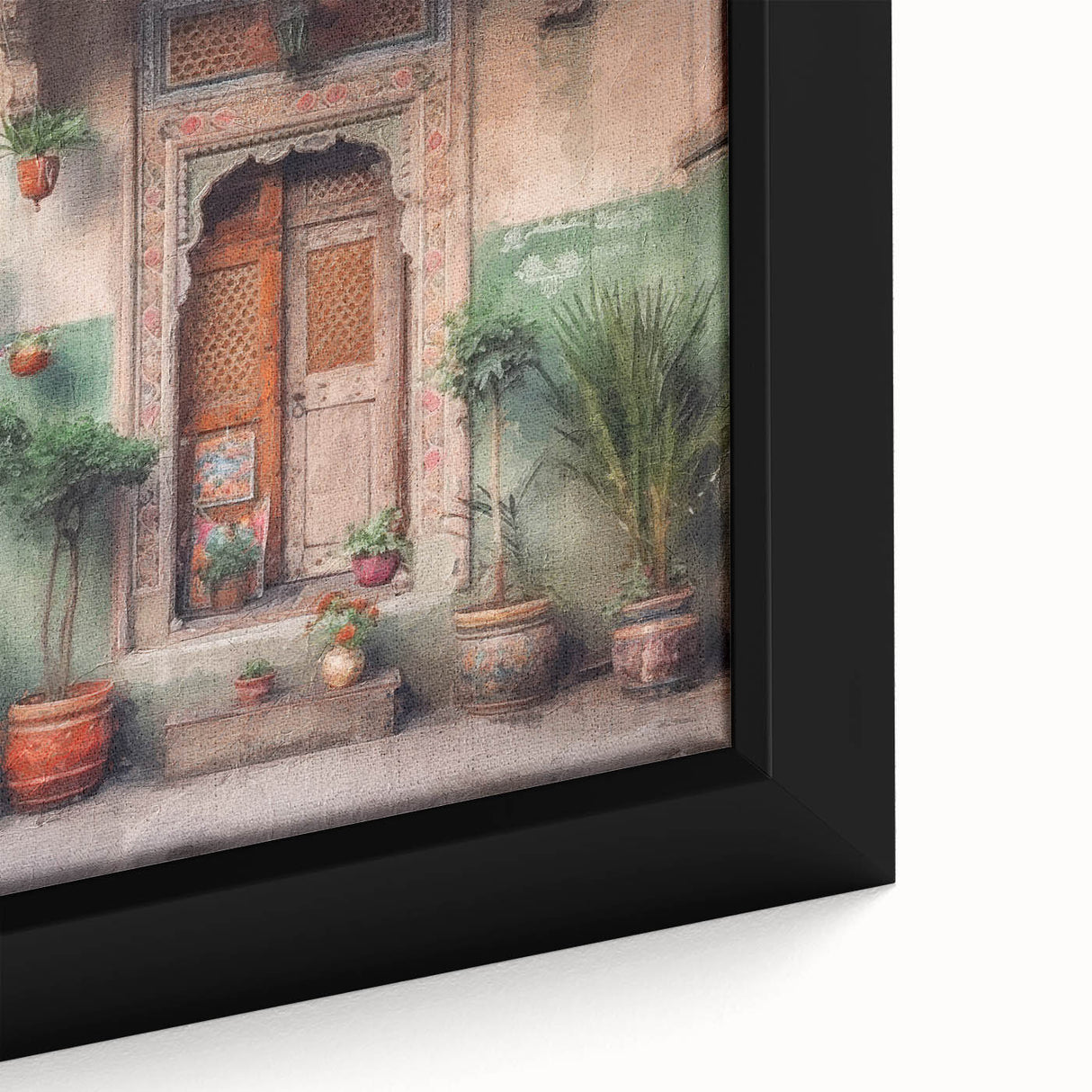 Close-up of a black framed canvas featuring a textured depiction of an ornate Indian door in vibrant colors.