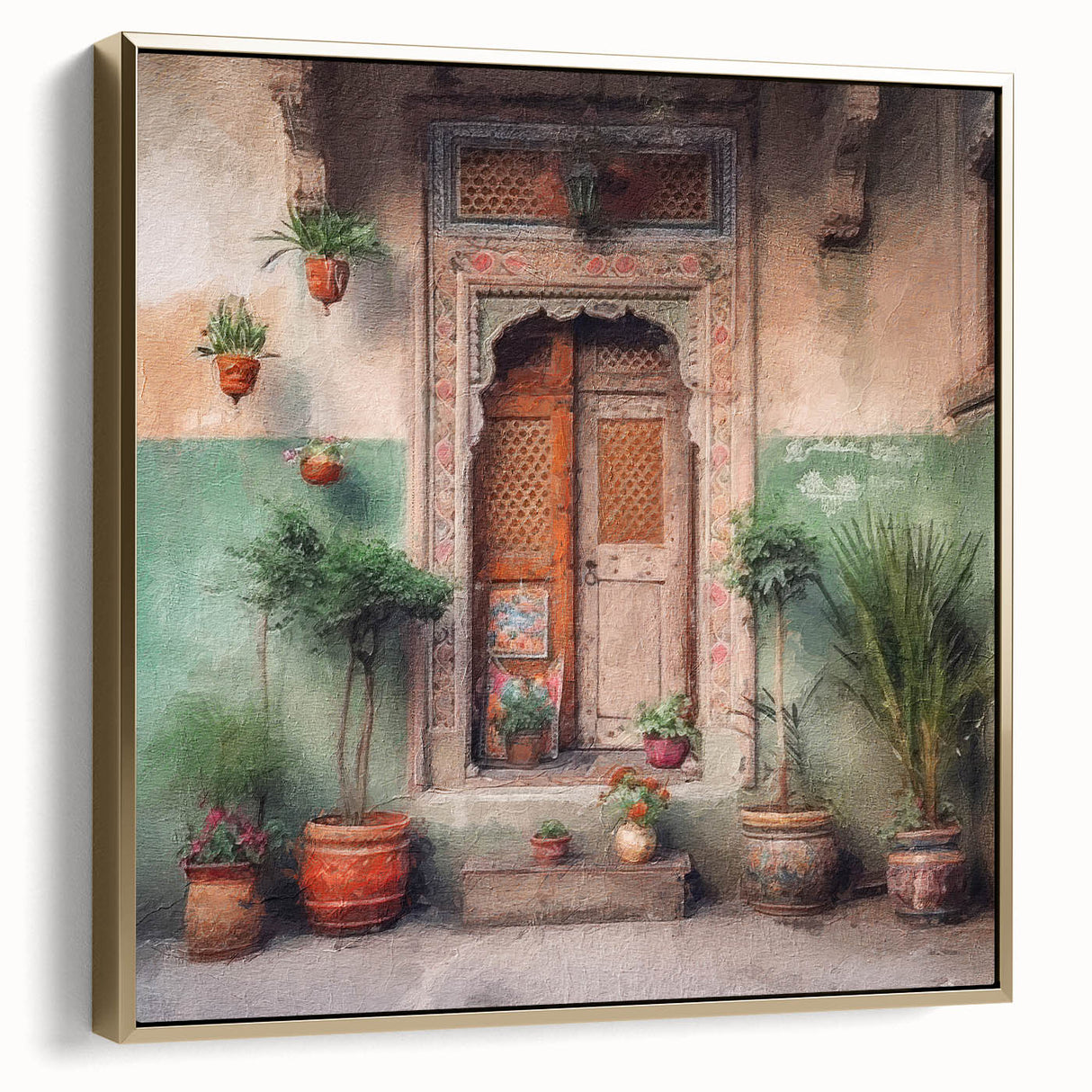 Framed canvas featuring a vintage poster of an ornate Indian door in silver and gold tones, ideal for bedroom wall art.