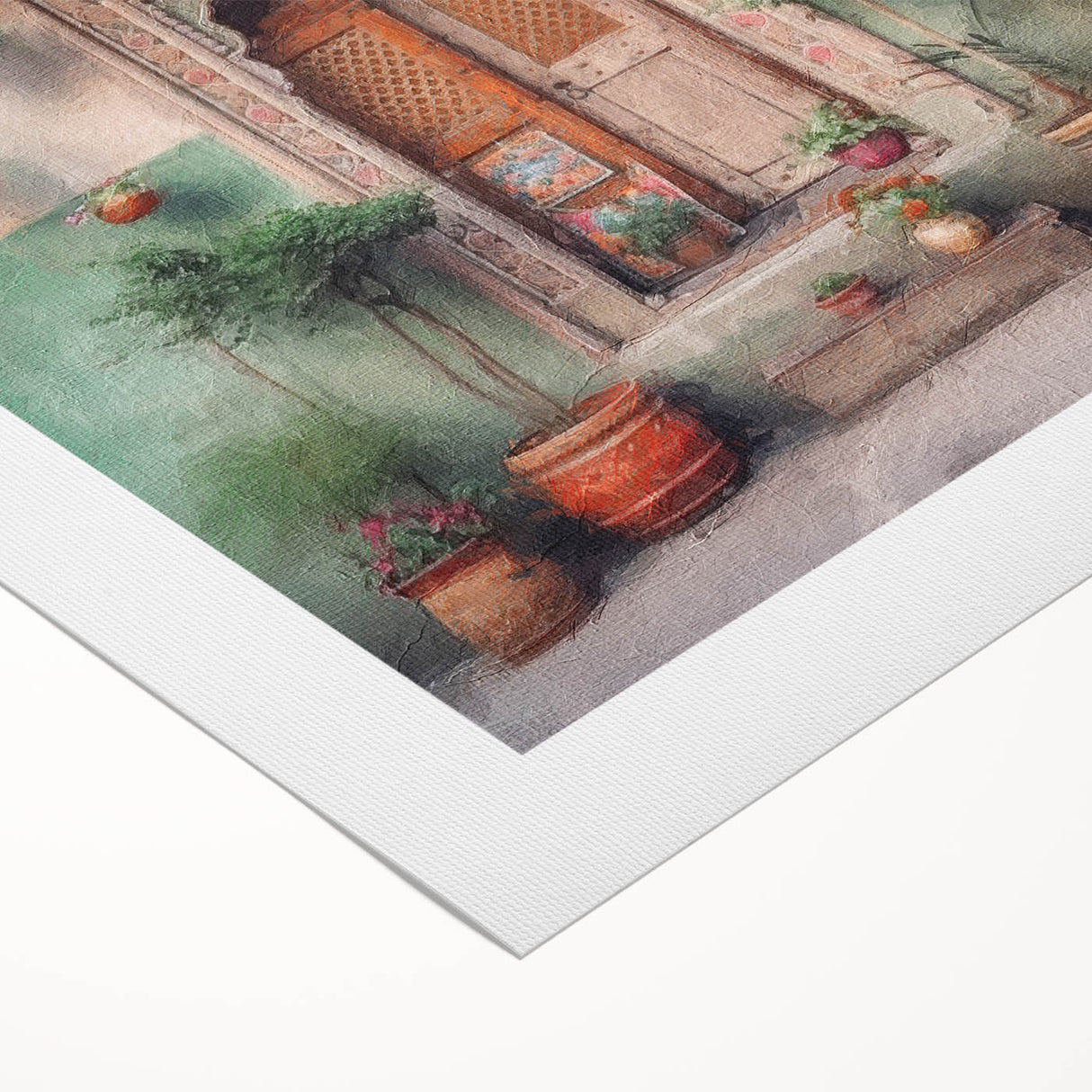 Art deco poster of an ornate Indian door in muted earth tones on rolled canvas, suitable for dining room decor.