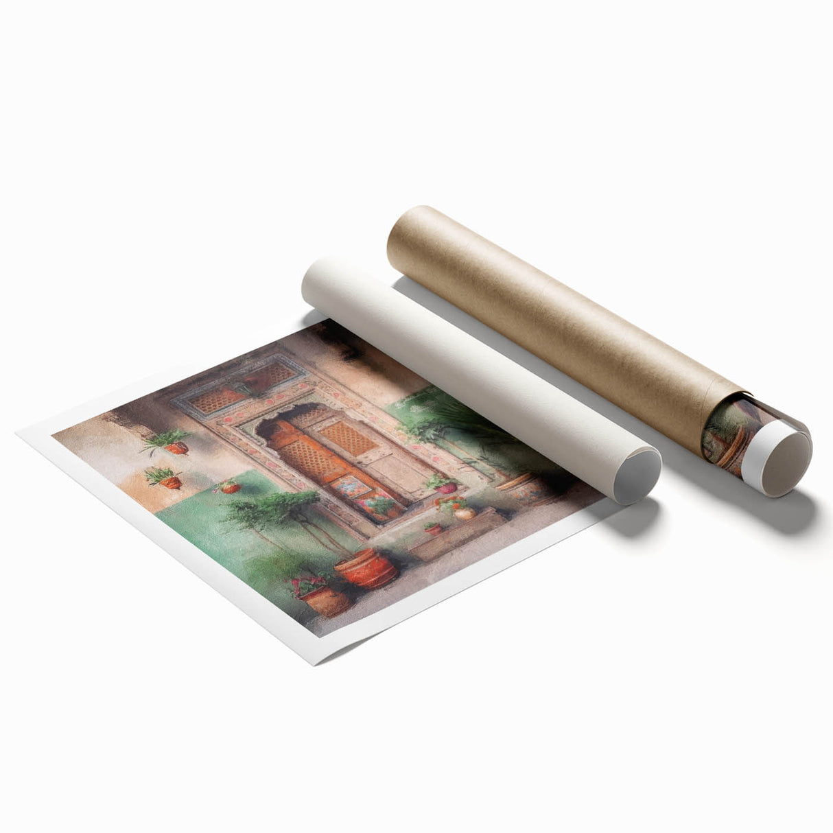 Extra large rolled print featuring a detailed Indian door design in earth tones.
