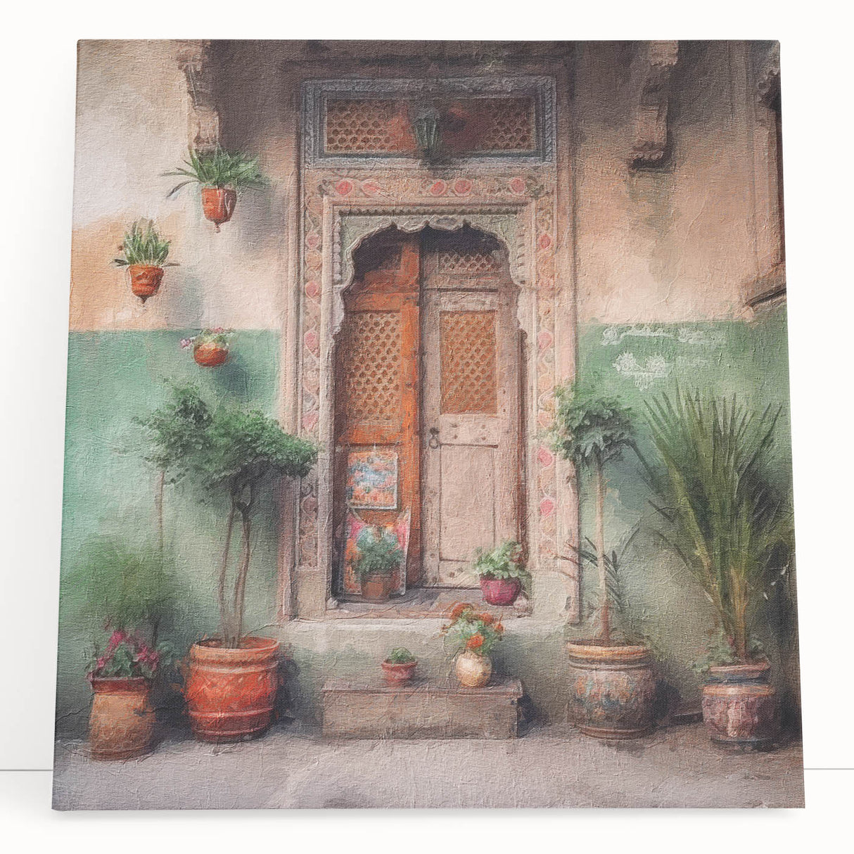 Black and white photo of an intricate Indian door design on a stretched canvas, ideal for kitchen wall art or bedroom decor.