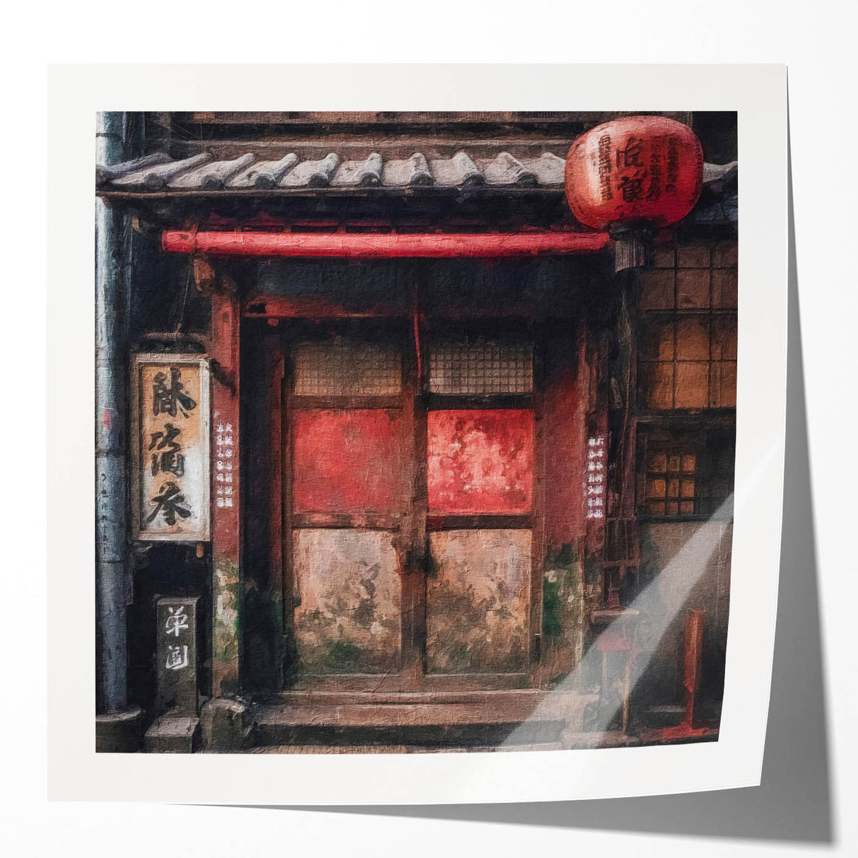 Extra large wall art featuring a Japanese door design in muted earth tones on glossy photo paper.