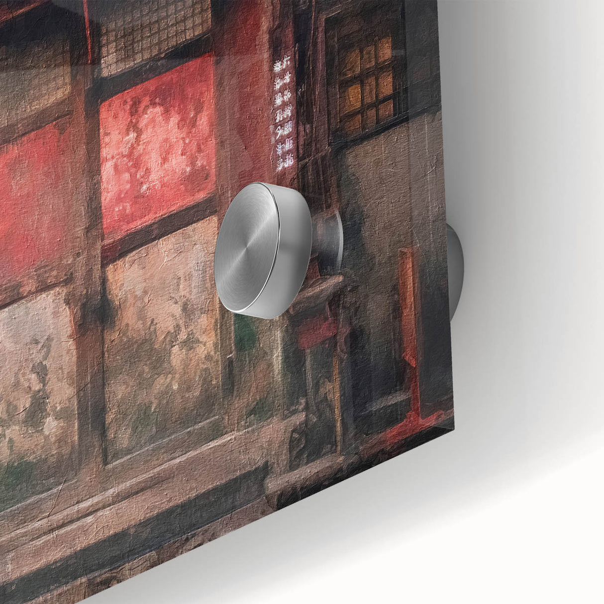 Close-up of a Japanese door design on acrylic glass, featuring large abstract patterns in mid-century modernist style.