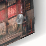 Close-up of a Japanese door design on acrylic glass, featuring large abstract patterns in mid-century modernist style.