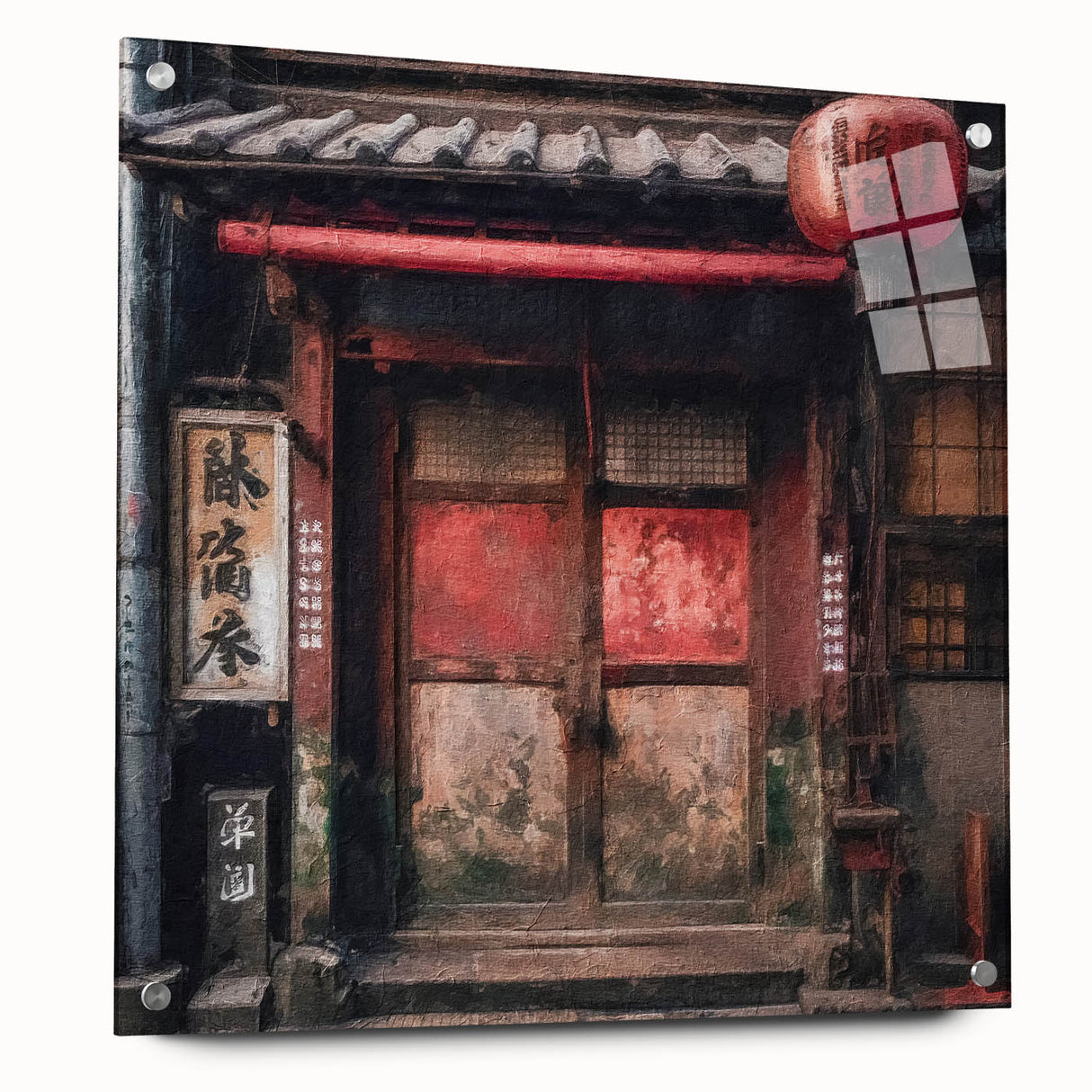 Acrylic print of a Japanese door in muted browns and grays, ideal for bedroom or dining room decor.