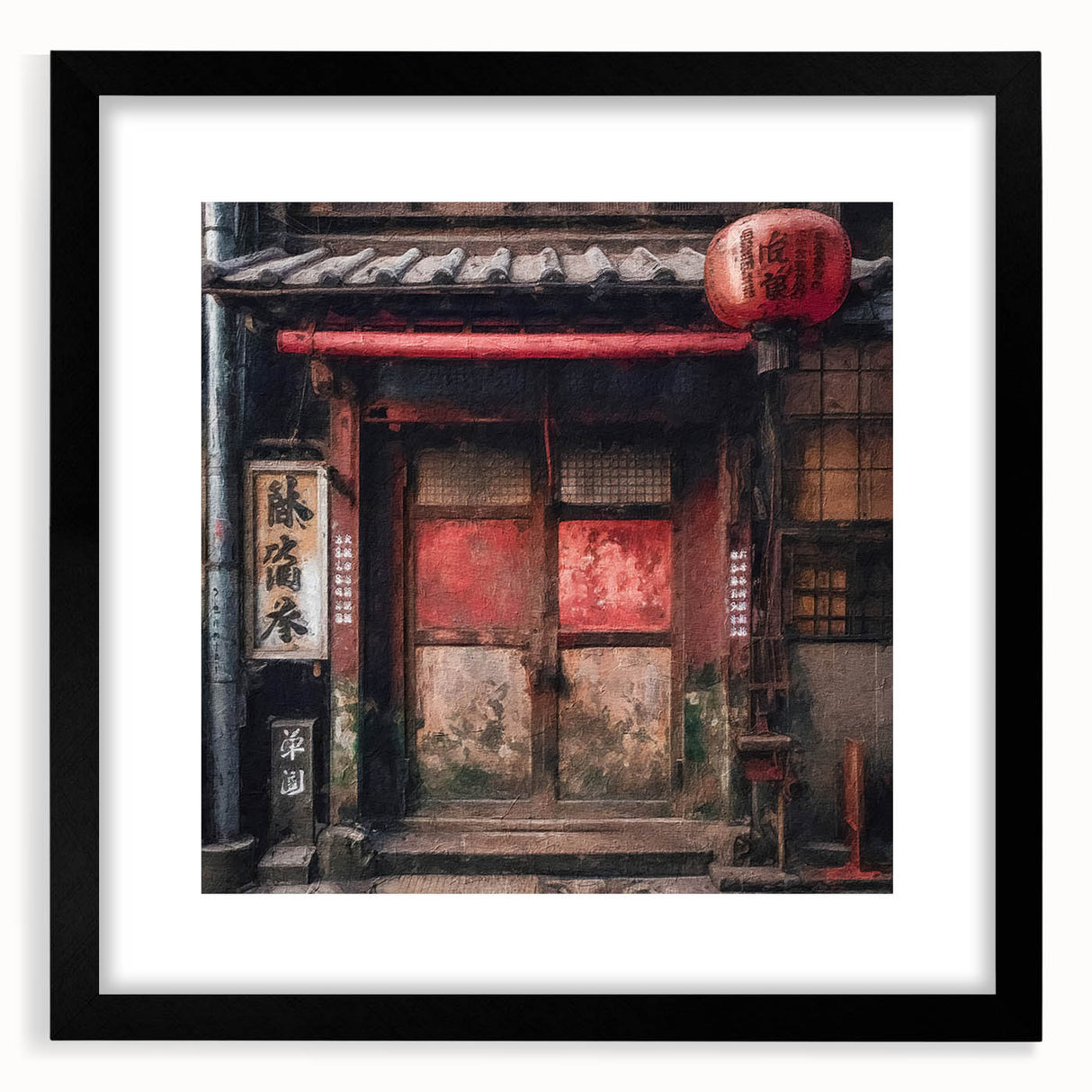 Extra large abstract art print featuring a colorful, textured depiction of a Japanese door, framed with a black mat.