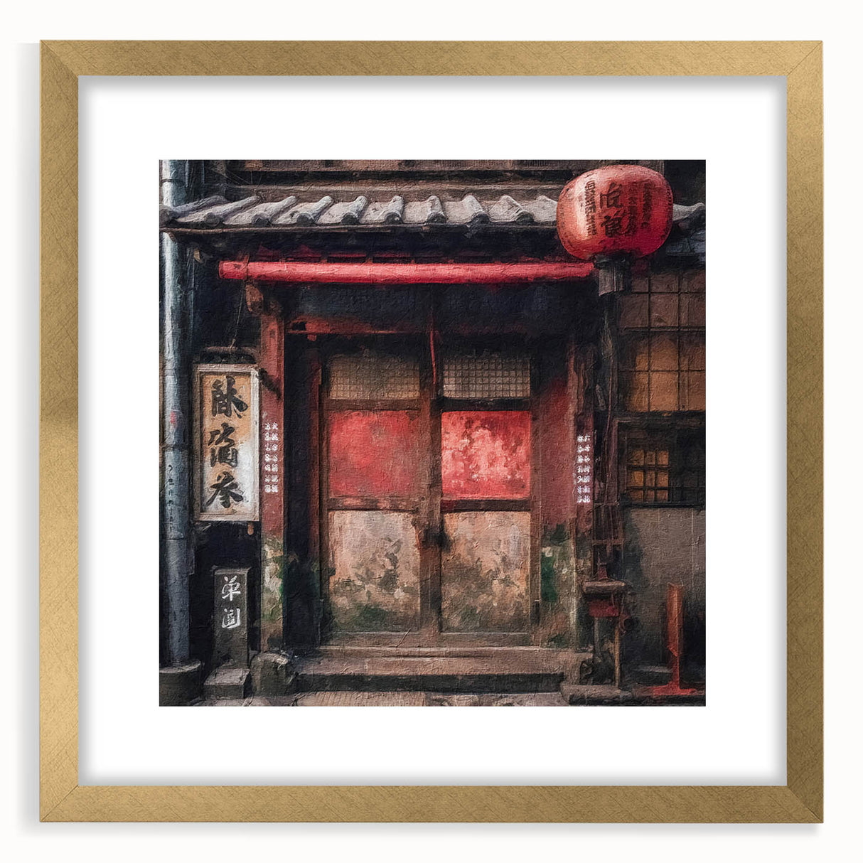 Extra large wall art featuring a textured abstract print of a Japanese door in gold frame, suited for living room decor.