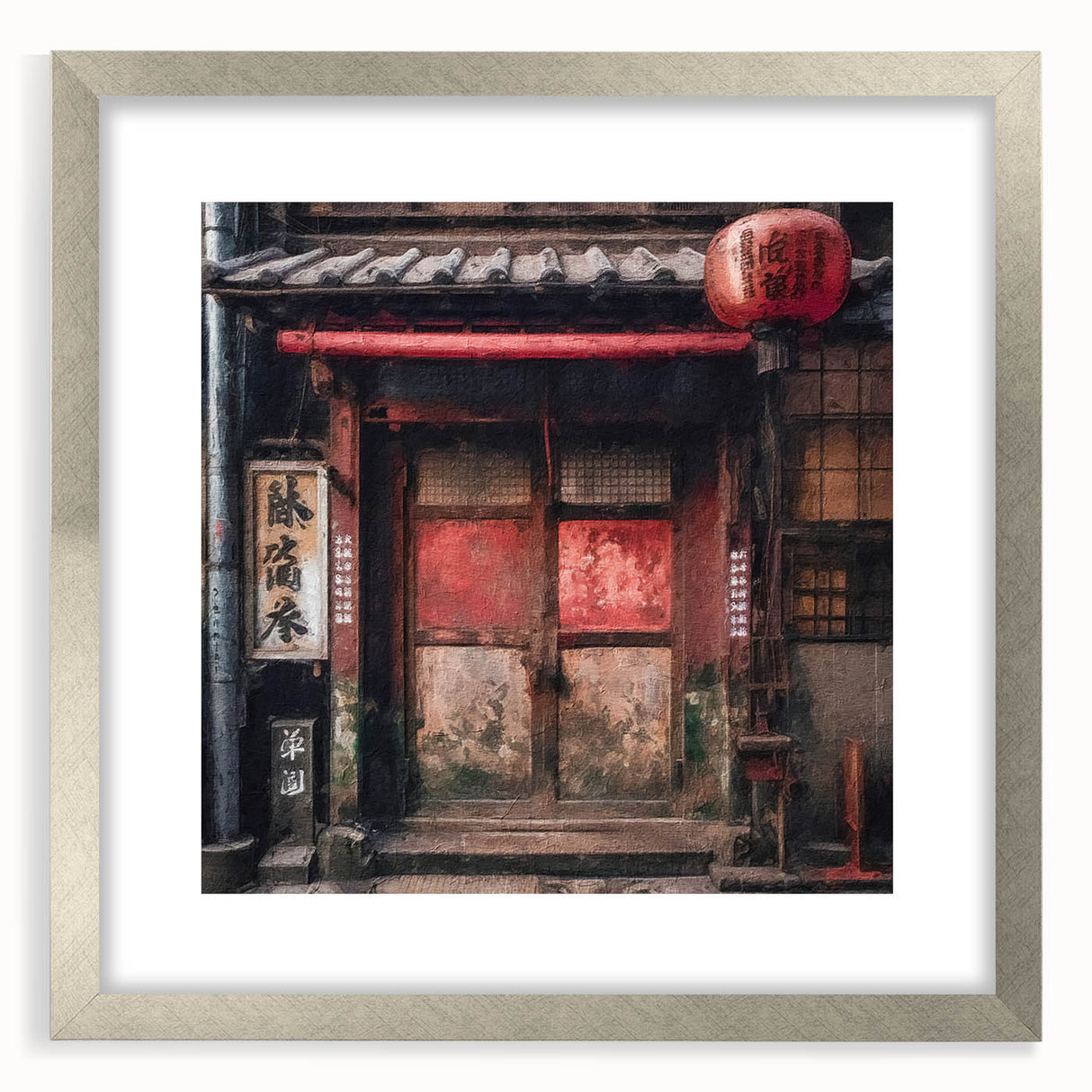 Textured abstract art print of a Japanese door in muted earth tones on a framed canvas, suitable for bedroom decor.