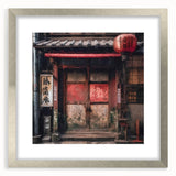 Textured abstract art print of a Japanese door in muted earth tones on a framed canvas, suitable for bedroom decor.