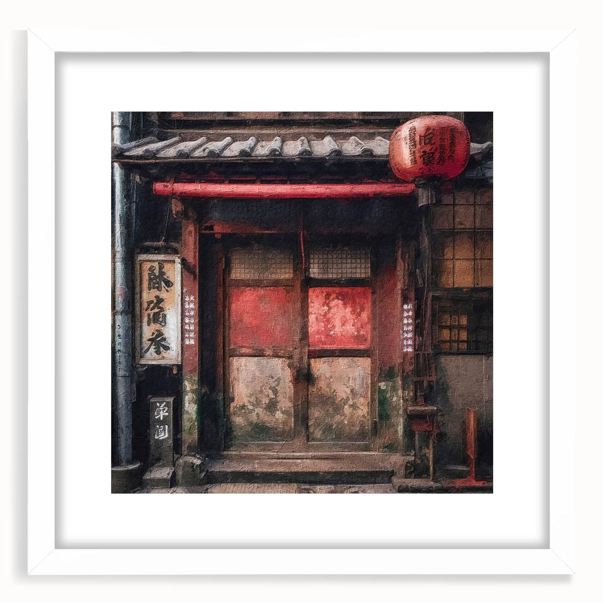 Abstract art print of a Japanese door in muted gray and white tones on a framed poster, ideal for dining room decor.