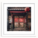 Abstract art print of a Japanese door in muted gray and white tones on a framed poster, ideal for dining room decor.