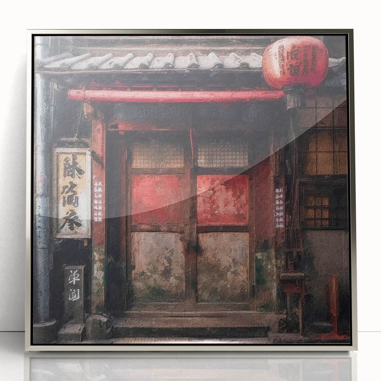 Framed acrylic print depicting a silver Japanese door, in mid-century modernist style, suitable for modern art wall decor.