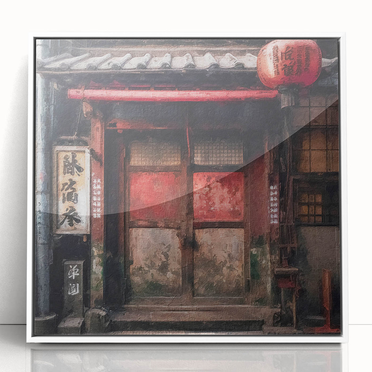 Art Deco poster of a Japanese door, white acrylic frame, ideal for modern nursery wall art.