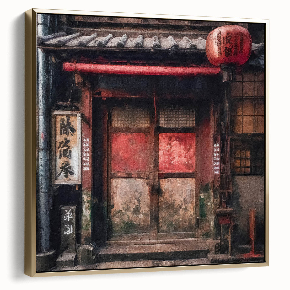 Framed canvas wall art featuring a traditional Japanese door design in silver and gold, ideal for bedroom decor.