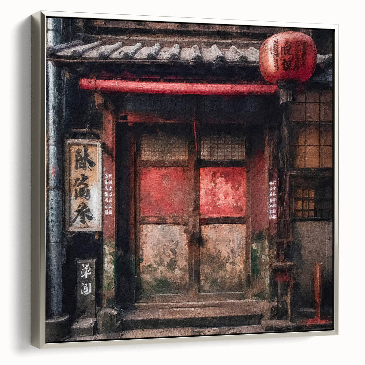 Framed canvas featuring a monochrome Japanese door design, ideal for adding a vintage touch to any room.