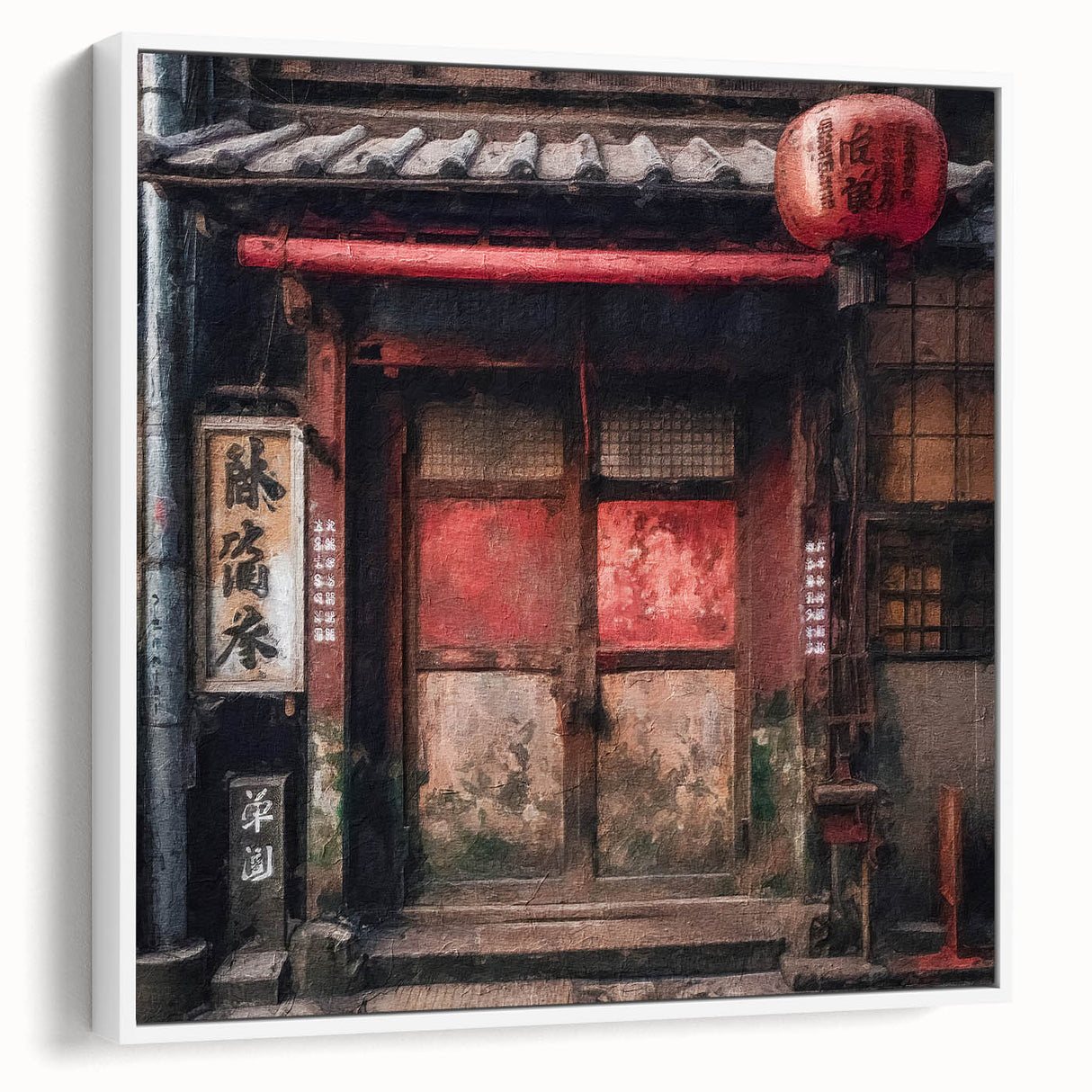 Vintage poster art of a Japanese door on framed canvas, featuring black and colorful accents, suitable for living room decor.