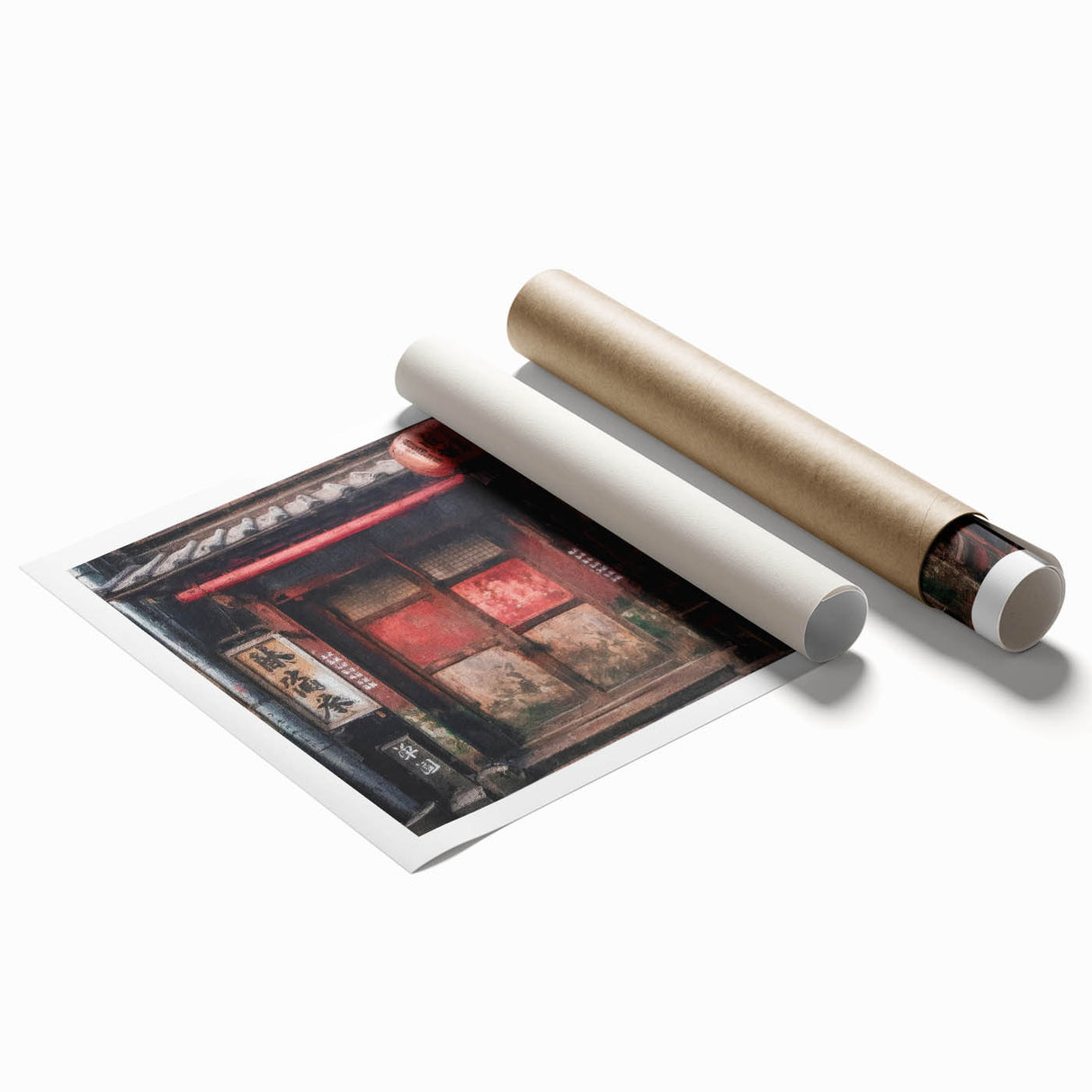Extra large rolled print of a Japanese door in muted earth tones, ideal for classy bathroom wall art.