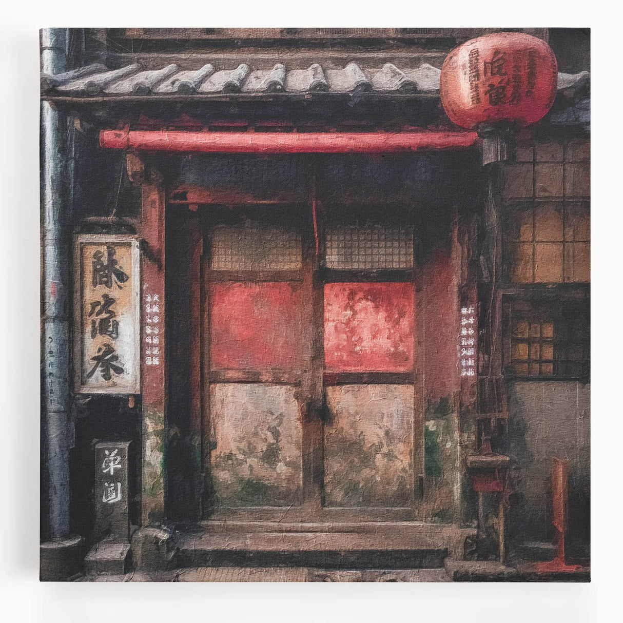 Black and white photograph of a Japanese door, printed on large stretched canvas, ideal for kitchen wall art.