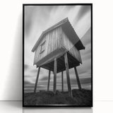 Large abstract wall art featuring geometric shapes in black and white, acrylic print in a black frame.