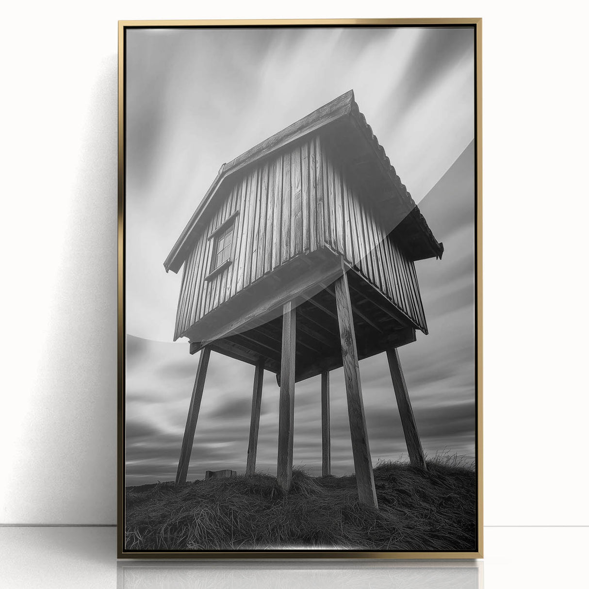 Mid-century modernist architectural sketch in gold and white tones on a framed acrylic, suitable for modern art wall decor.