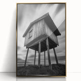 Mid-century modernist architectural sketch in gold and white tones on a framed acrylic, suitable for modern art wall decor.