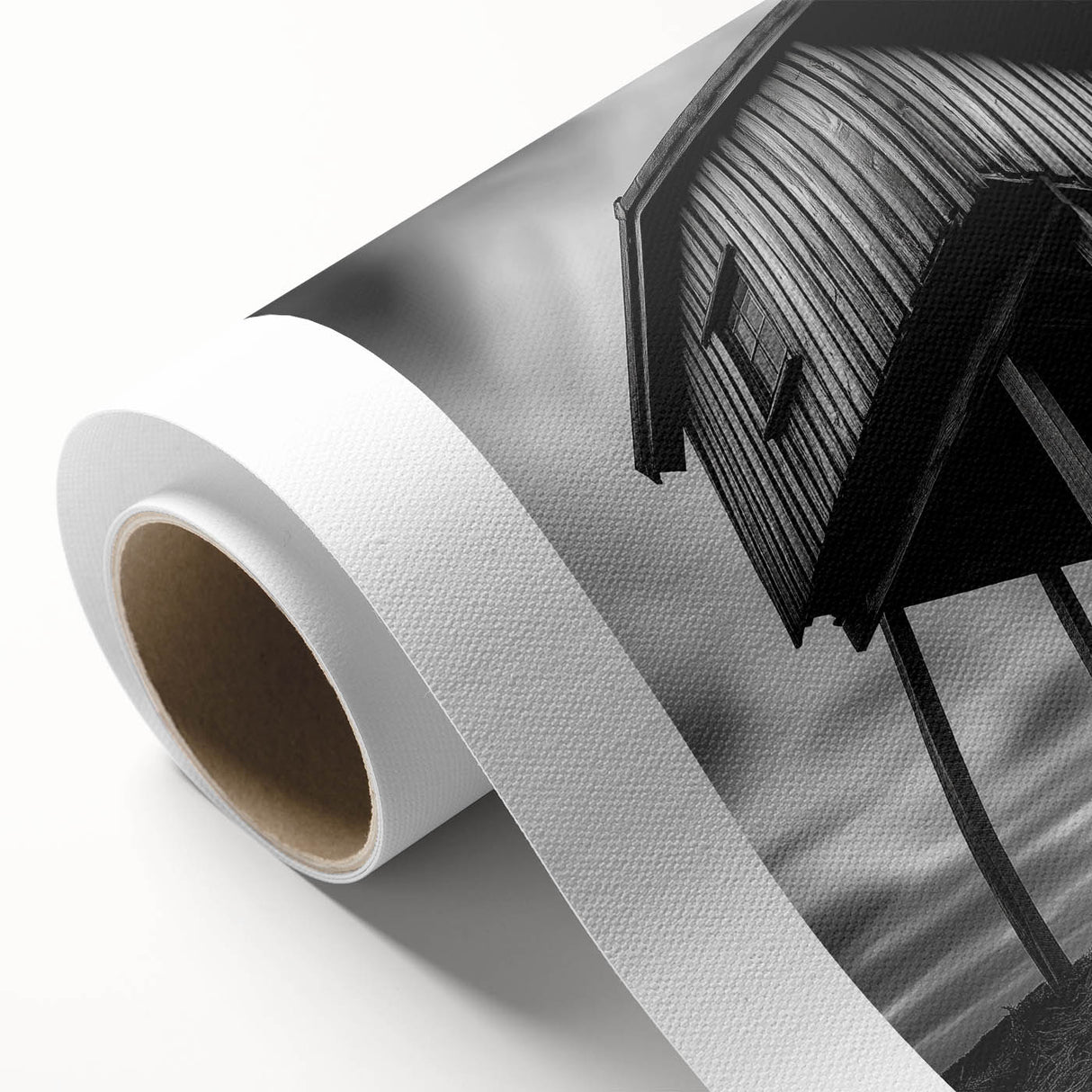 Art Deco style poster of architecture on rolled canvas, featuring sharp geometric shapes in muted colors.