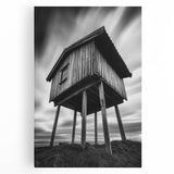Large black and white architectural sketch on stretched canvas, ideal for kitchen wall art.
