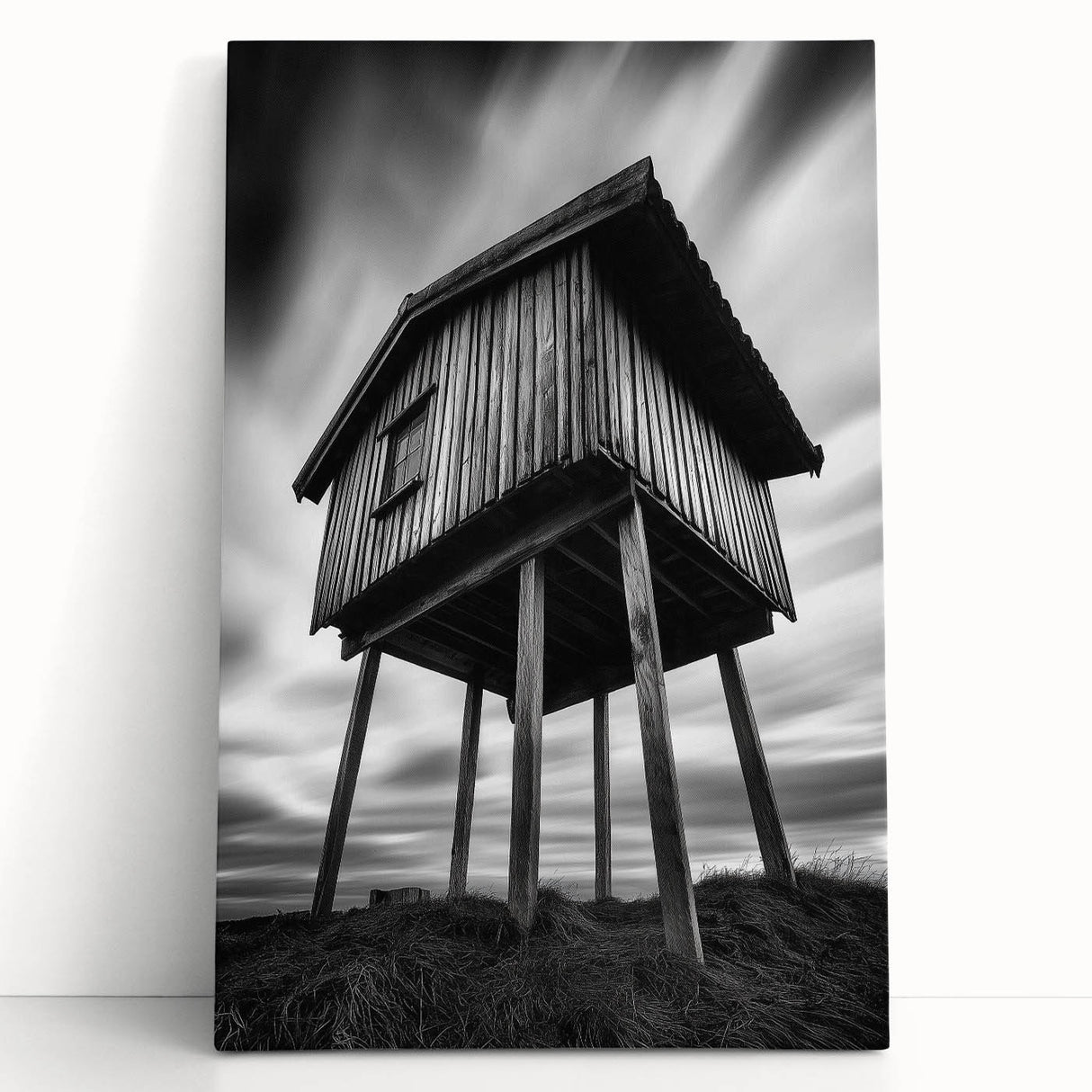 Large black and white architectural print on stretched canvas, ideal for kitchen wall art or bedroom ambiance.