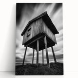 Large black and white architectural print on stretched canvas, ideal for kitchen wall art or bedroom ambiance.