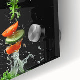 Large abstract wall art featuring assorted fruits in vibrant colors on acrylic glass, ideal for dining room decor.