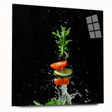 Large abstract wall art featuring an assortment of fruits in vibrant colors on acrylic glass.