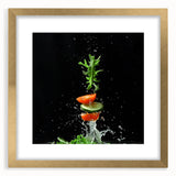 Extra large abstract art print featuring textured fruits in vibrant colors, framed in gold, ideal for living room decor.