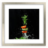 Textured art print featuring abstract fruits in vibrant colors on a silver-framed mat, ideal for bedroom decor.