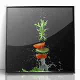 Large abstract wall art featuring assorted fruits in bold colors on black acrylic, framed, ideal for modern kitchen decor.