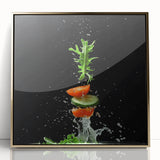 Mid-century modernist acrylic print of vibrant fruit, framed in gold, ideal for modern kitchen decor.